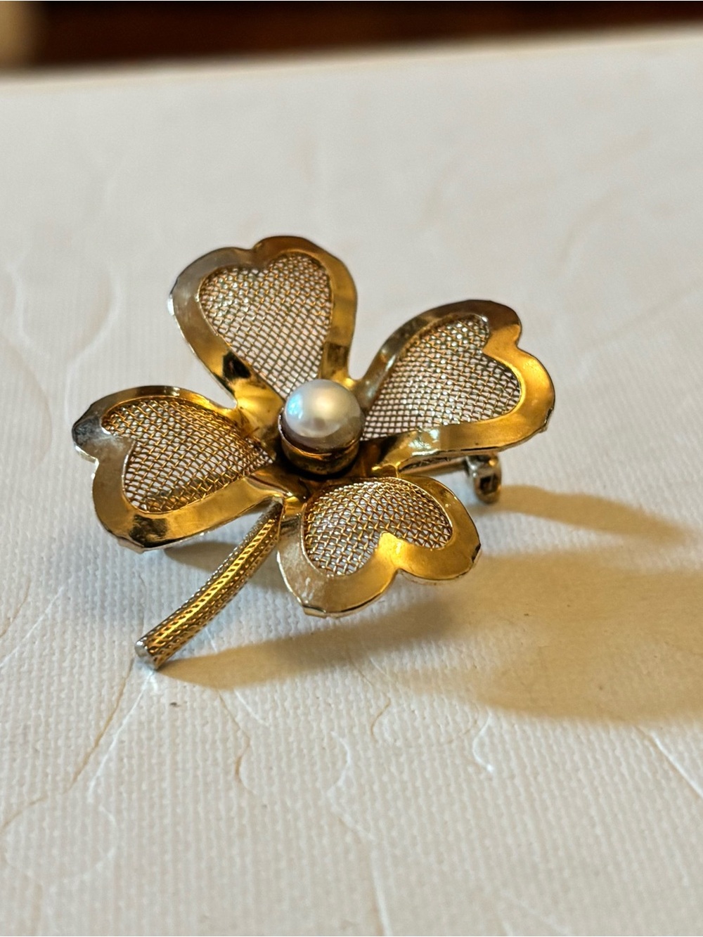 Gold Tone Four-Leaf Clover Brooch with Pearl Accent by Coro